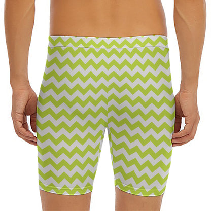 Lime Green And White Chevron Print Men's Long Boxer Briefs