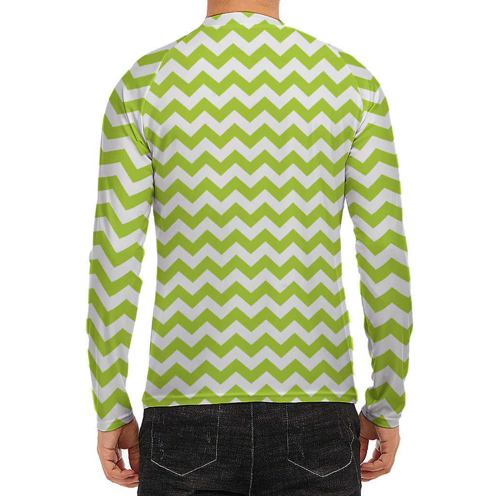 Lime Green And White Chevron Print Men's Long Sleeve Rash Guard