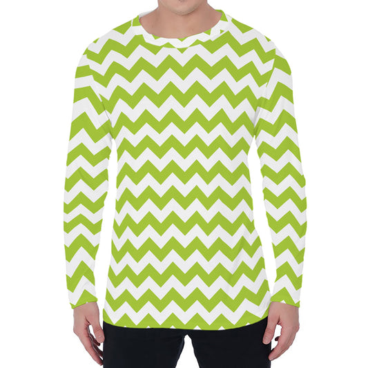Lime Green And White Chevron Print Men's Long Sleeve T-Shirt