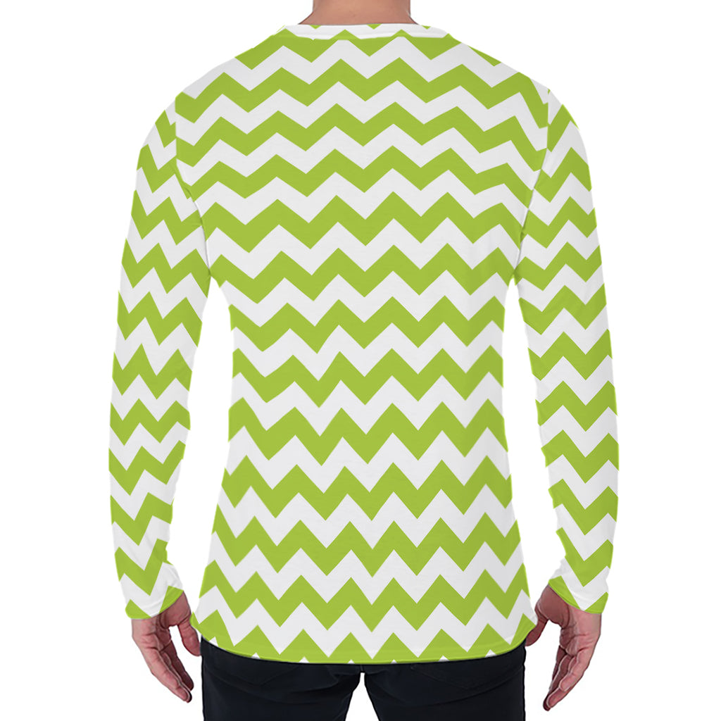 Lime Green And White Chevron Print Men's Long Sleeve T-Shirt