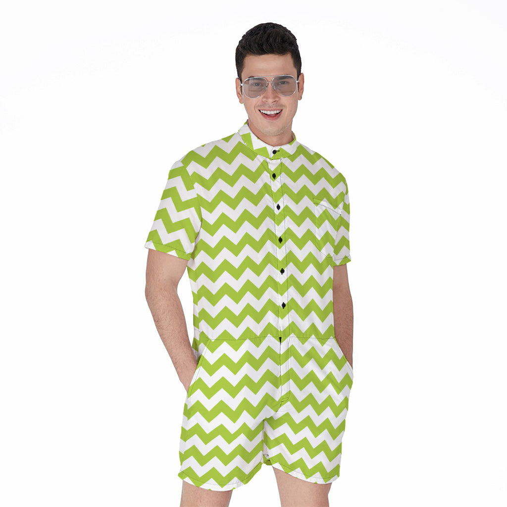 Lime Green And White Chevron Print Men's Rompers