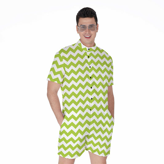 Lime Green And White Chevron Print Men's Rompers