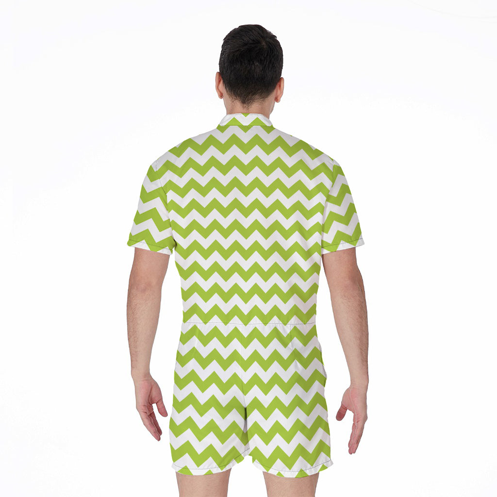 Lime Green And White Chevron Print Men's Rompers