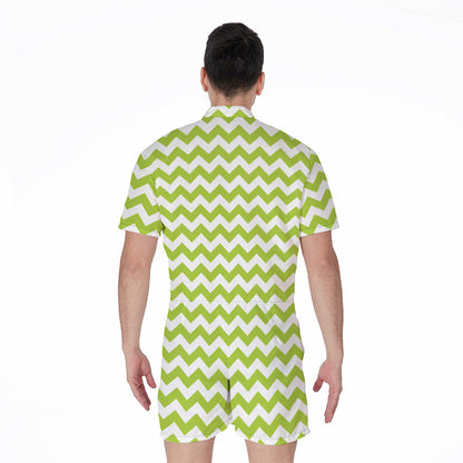 Lime Green And White Chevron Print Men's Rompers