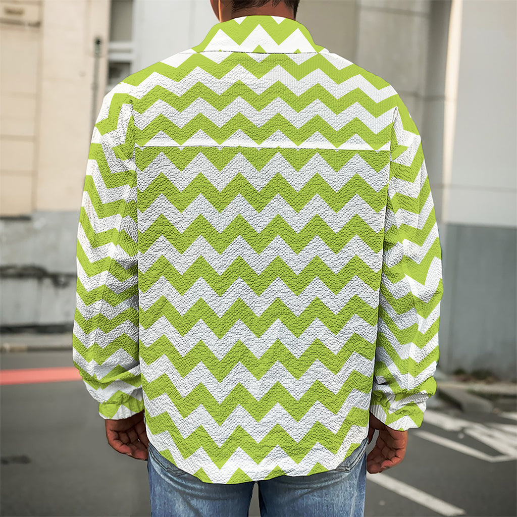 Lime Green And White Chevron Print Men's Shirt Jacket