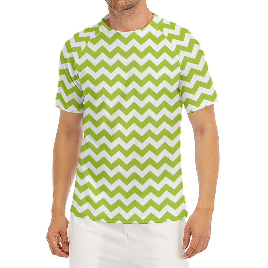 Lime Green And White Chevron Print Men's Short Sleeve Rash Guard