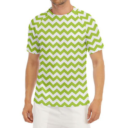 Lime Green And White Chevron Print Men's Short Sleeve Rash Guard