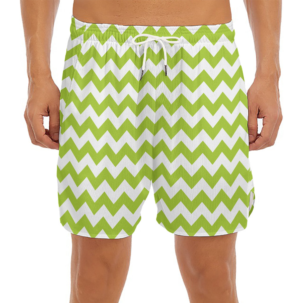 Lime Green And White Chevron Print Men's Split Running Shorts