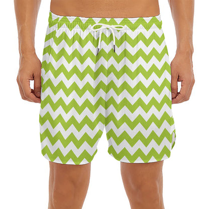 Lime Green And White Chevron Print Men's Split Running Shorts