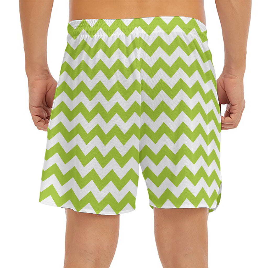 Lime Green And White Chevron Print Men's Split Running Shorts