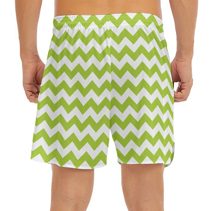 Lime Green And White Chevron Print Men's Split Running Shorts