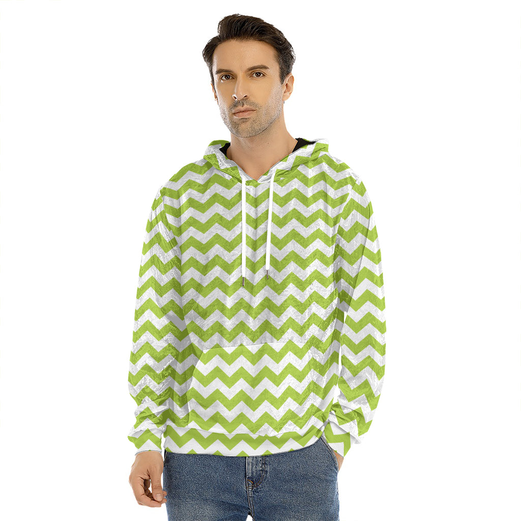 Lime Green And White Chevron Print Men's Velvet Pullover Hoodie