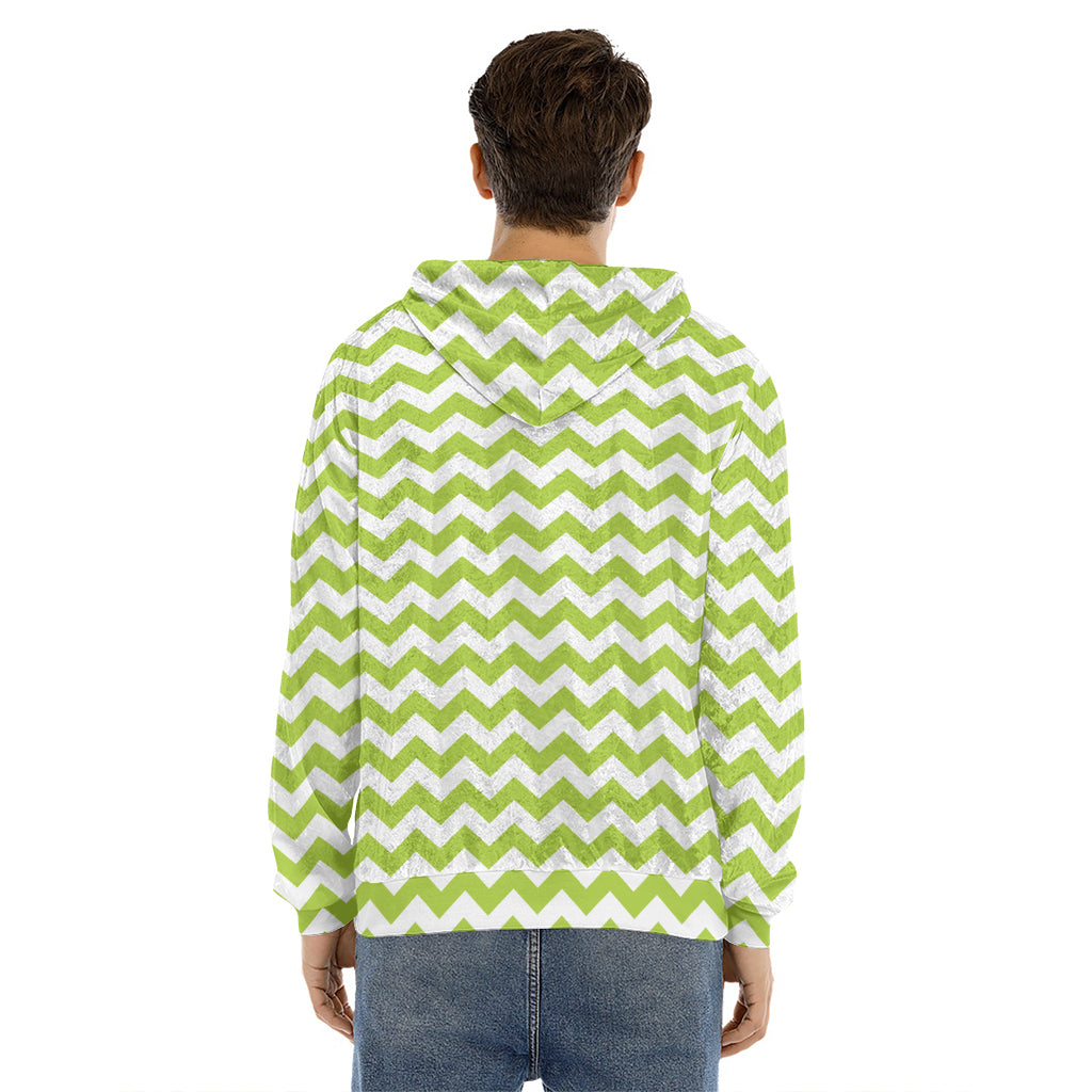 Lime Green And White Chevron Print Men's Velvet Pullover Hoodie