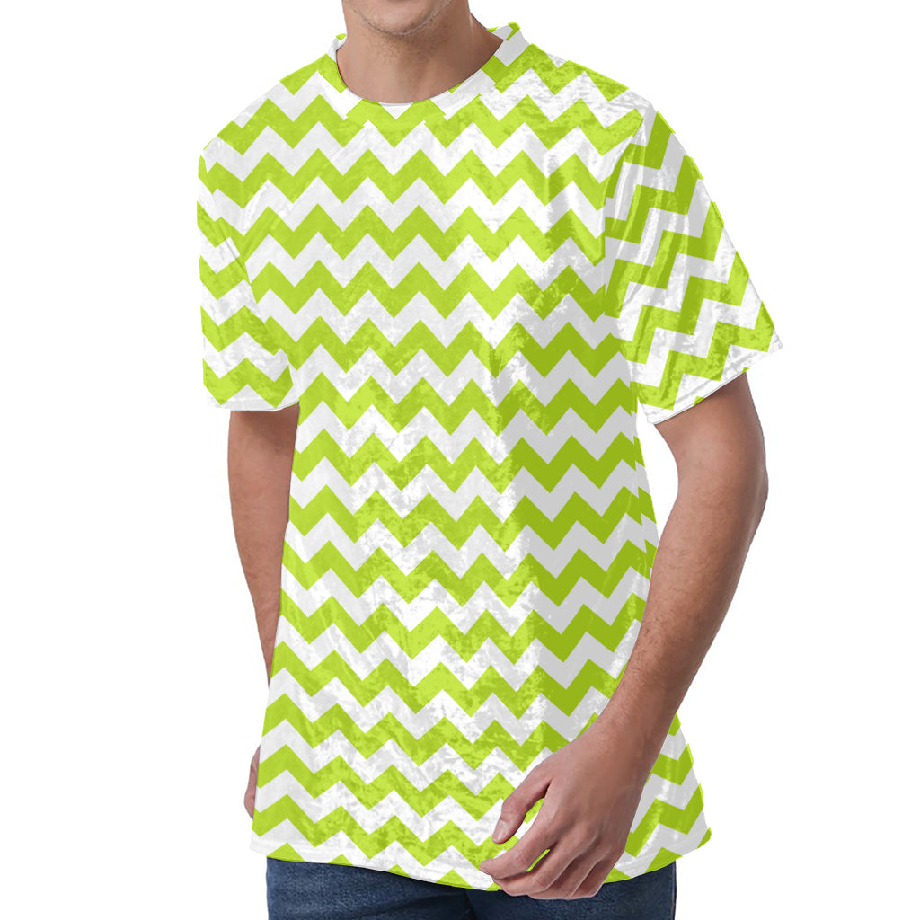 Lime Green And White Chevron Print Men's Velvet T-Shirt