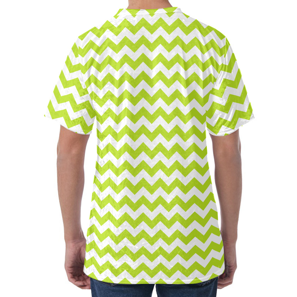 Lime Green And White Chevron Print Men's Velvet T-Shirt