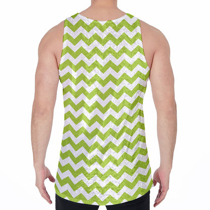 Lime Green And White Chevron Print Men's Velvet Tank Top
