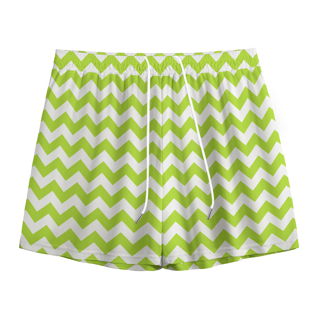 Lime Green And White Chevron Print Mesh Shorts