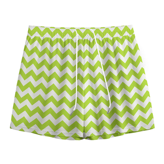 Lime Green And White Chevron Print Mesh Shorts