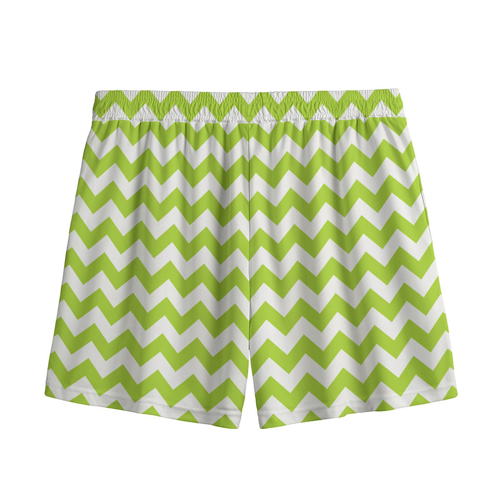 Lime Green And White Chevron Print Mesh Shorts