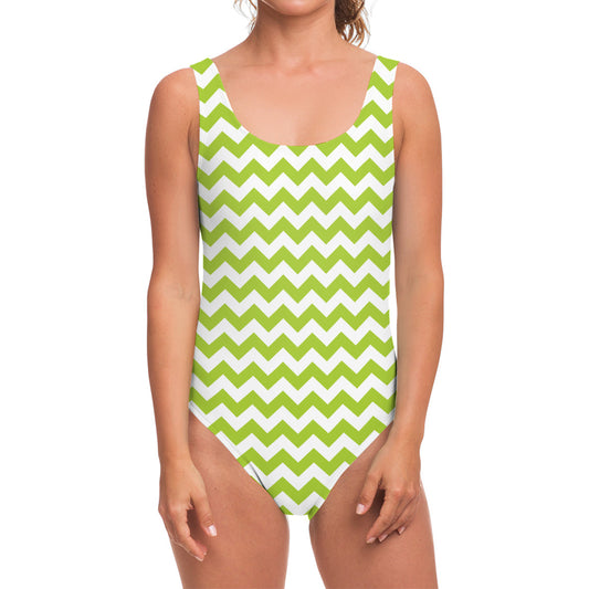 Lime Green And White Chevron Print One Piece Swimsuit