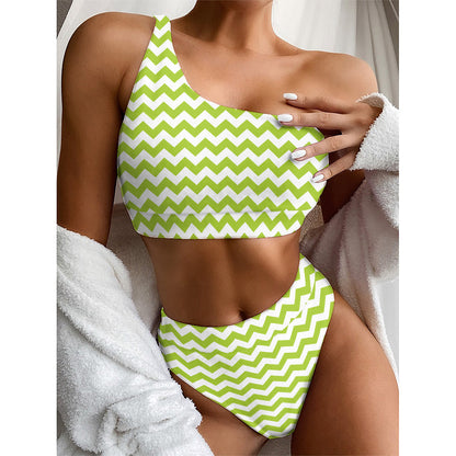 Lime Green And White Chevron Print One Shoulder Bikini Top