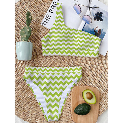 Lime Green And White Chevron Print One Shoulder Bikini Top