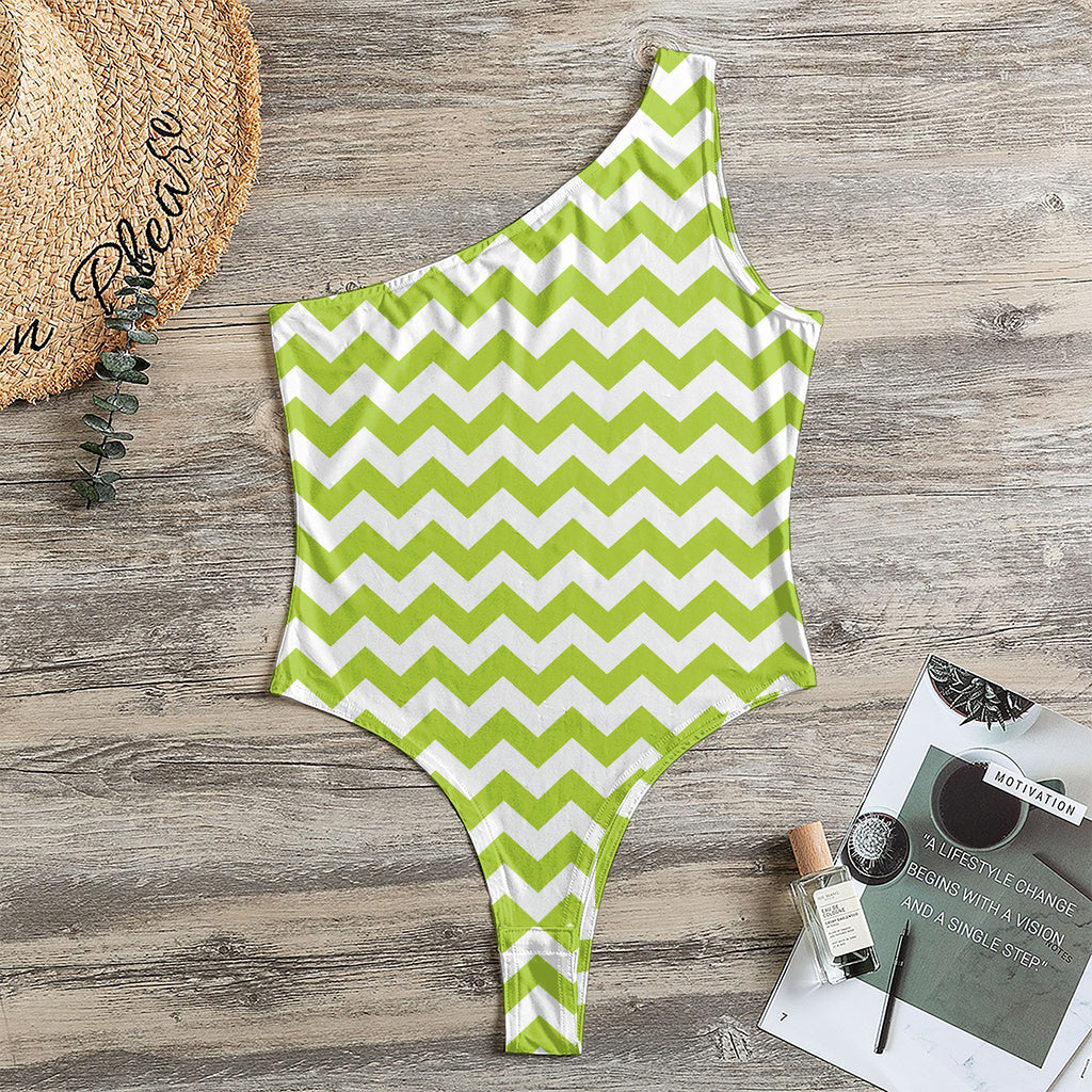 Lime Green And White Chevron Print One Shoulder Bodysuit