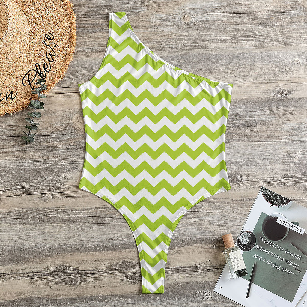 Lime Green And White Chevron Print One Shoulder Bodysuit