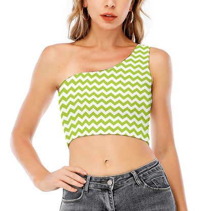 Lime Green And White Chevron Print One Shoulder Crop Top