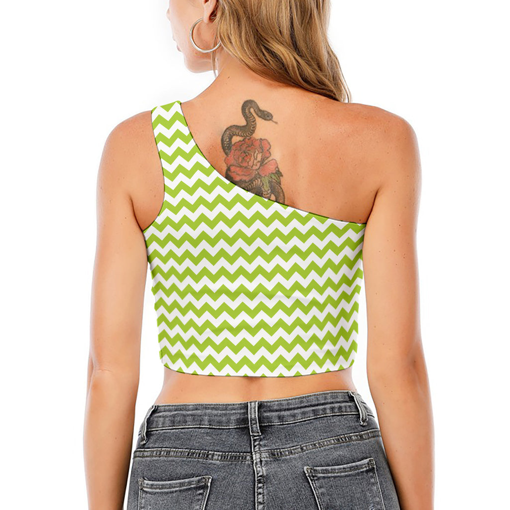 Lime Green And White Chevron Print One Shoulder Crop Top