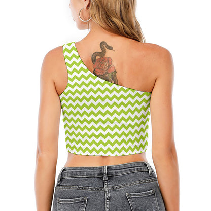 Lime Green And White Chevron Print One Shoulder Crop Top