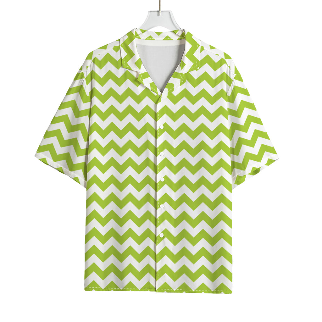 Lime Green And White Chevron Print Rayon Hawaiian Shirt