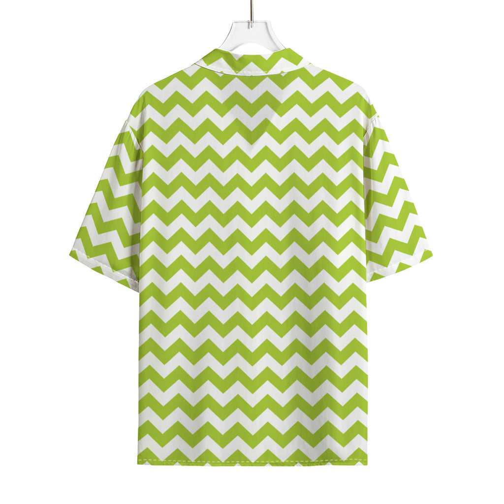 Lime Green And White Chevron Print Rayon Hawaiian Shirt