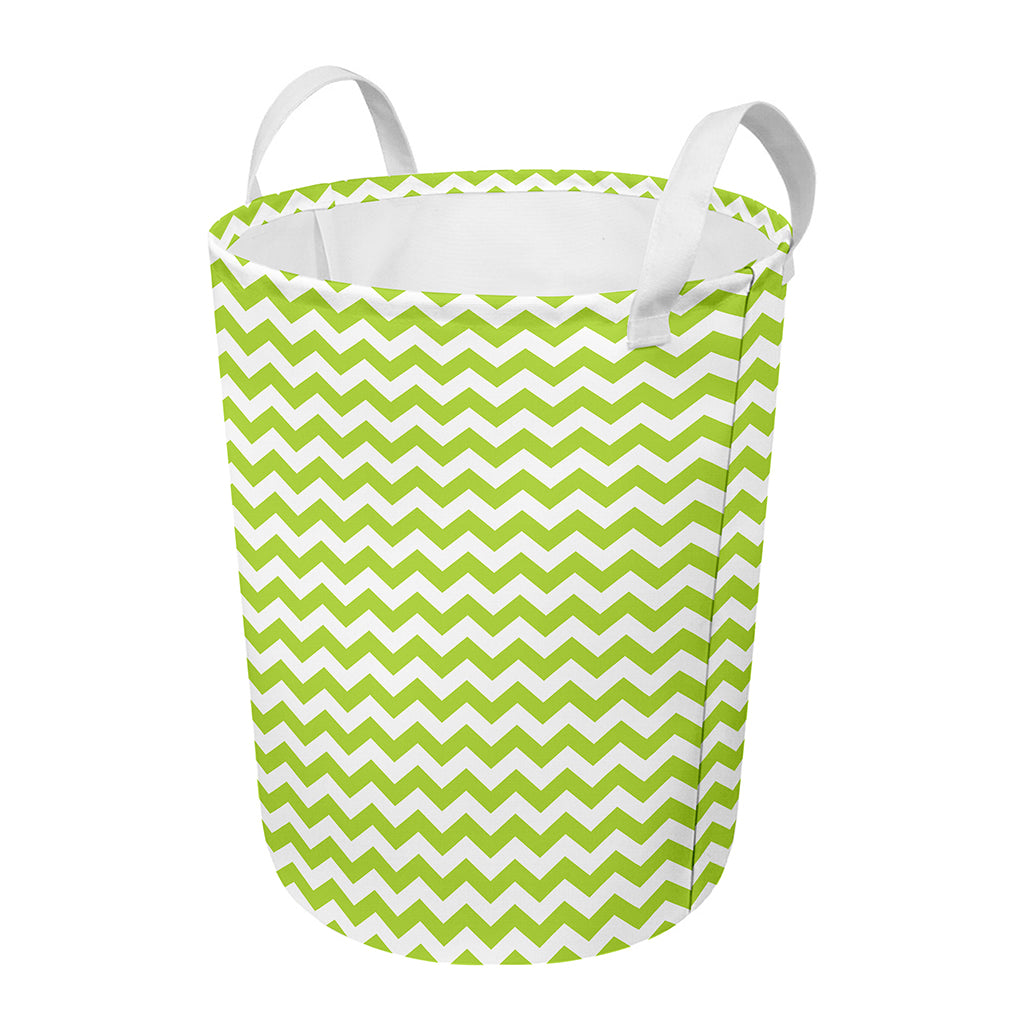 Lime Green And White Chevron Print Round Laundry Basket