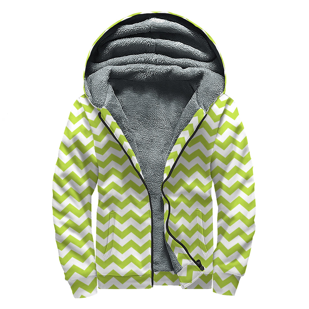 Lime Green And White Chevron Print Sherpa Lined Zip Up Hoodie