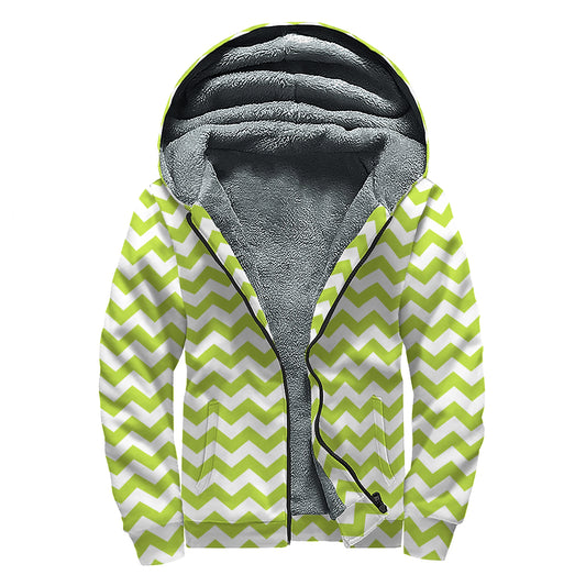Lime Green And White Chevron Print Sherpa Lined Zip Up Hoodie