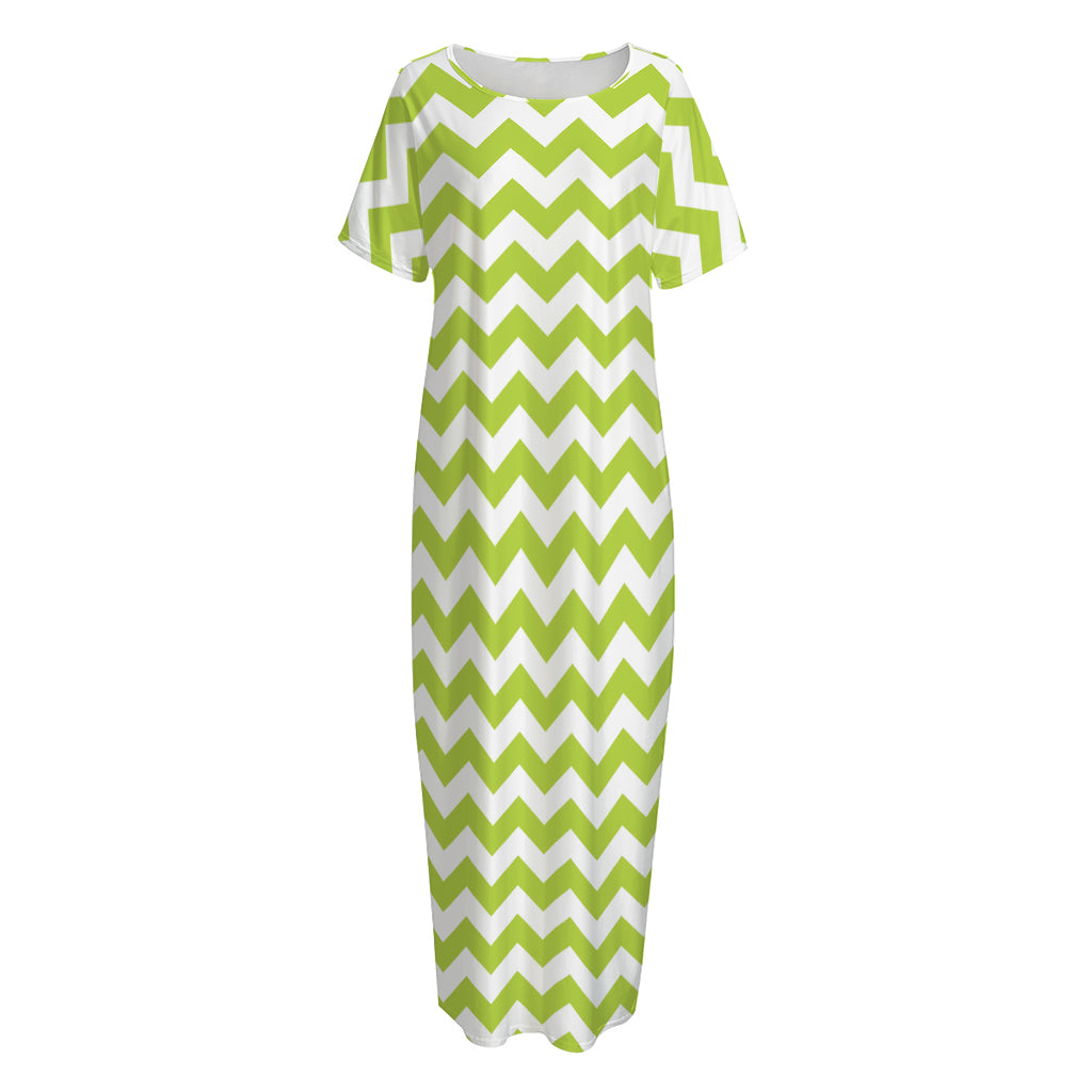 Lime Green And White Chevron Print Short Sleeve Long Nightdress