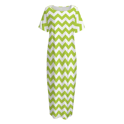 Lime Green And White Chevron Print Short Sleeve Long Nightdress