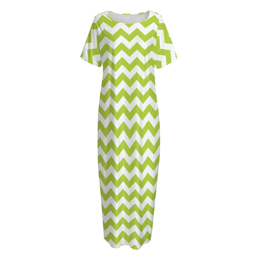 Lime Green And White Chevron Print Short Sleeve Long Nightdress
