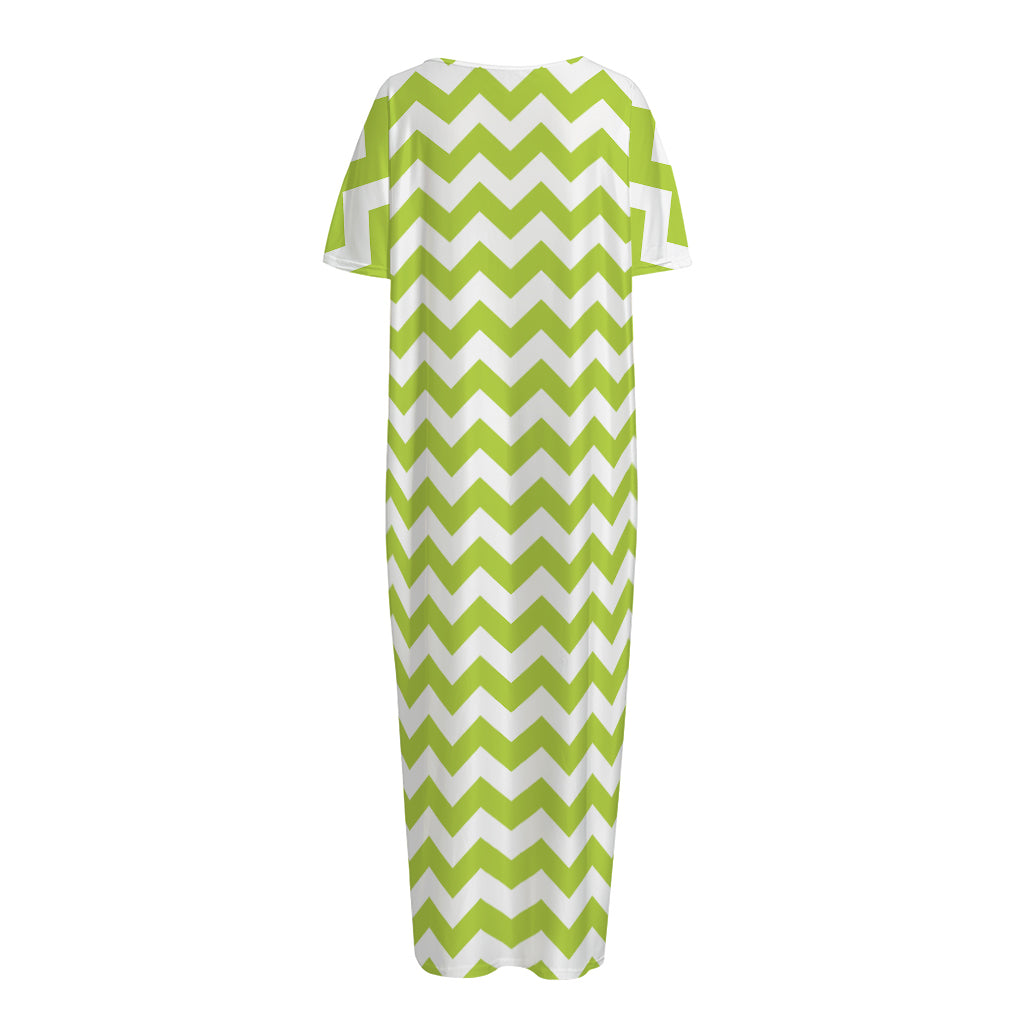 Lime Green And White Chevron Print Short Sleeve Long Nightdress