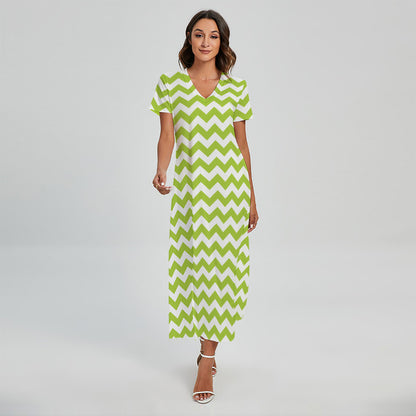Lime Green And White Chevron Print Short Sleeve Maxi Dress