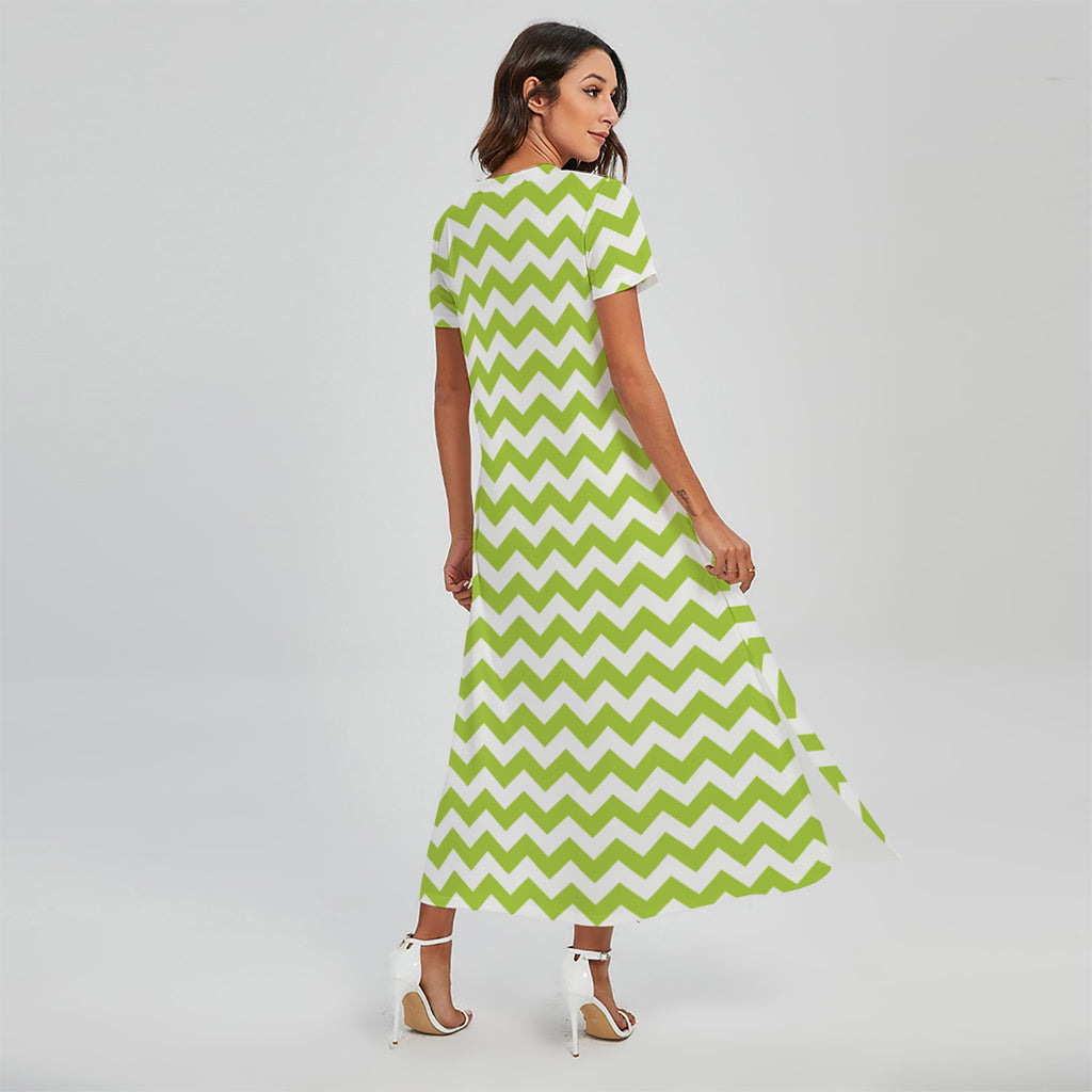 Lime Green And White Chevron Print Short Sleeve Maxi Dress