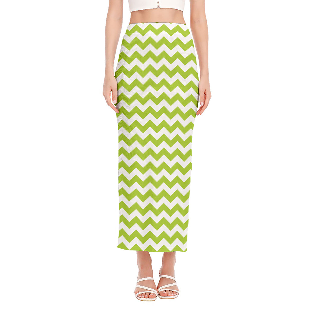 Lime Green And White Chevron Print Side Slit Maxi Skirt