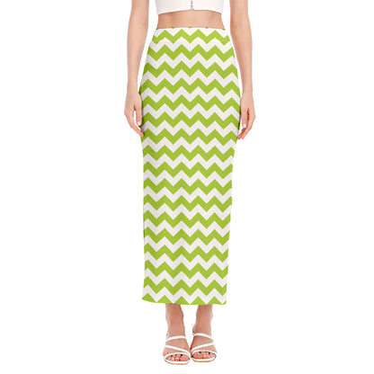 Lime Green And White Chevron Print Side Slit Maxi Skirt
