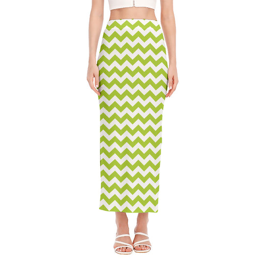 Lime Green And White Chevron Print Side Slit Maxi Skirt
