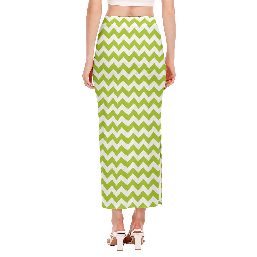 Lime Green And White Chevron Print Side Slit Maxi Skirt