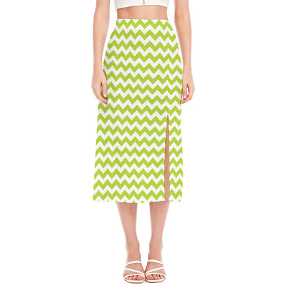 Lime Green And White Chevron Print Side Slit Midi Skirt