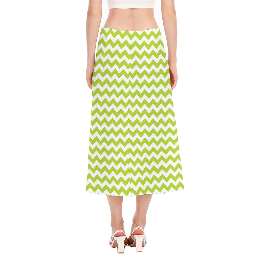Lime Green And White Chevron Print Side Slit Midi Skirt