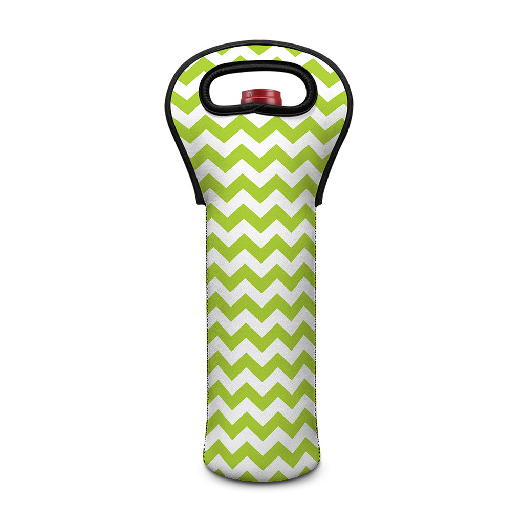 Lime Green And White Chevron Print Single Neoprene Wine Tote