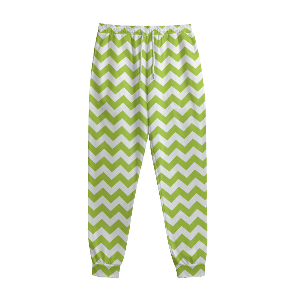 Lime Green And White Chevron Print Sweatpants